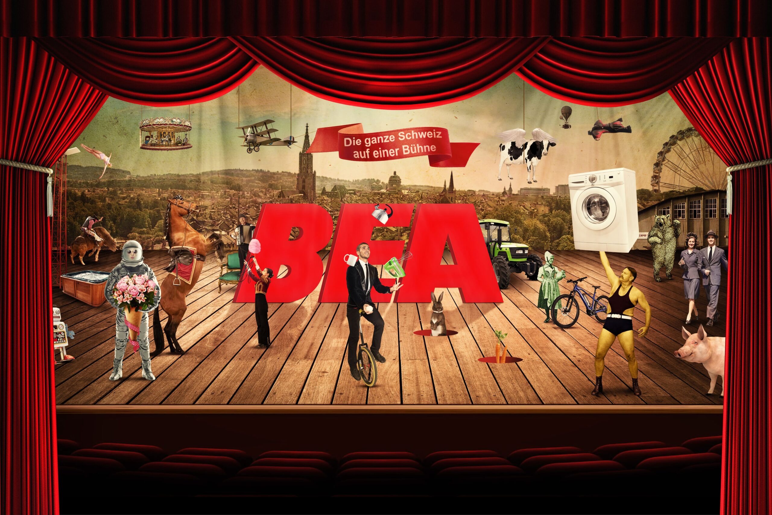 Kampagnenvisual BEA: Die Schweiz auf einer Bühne.