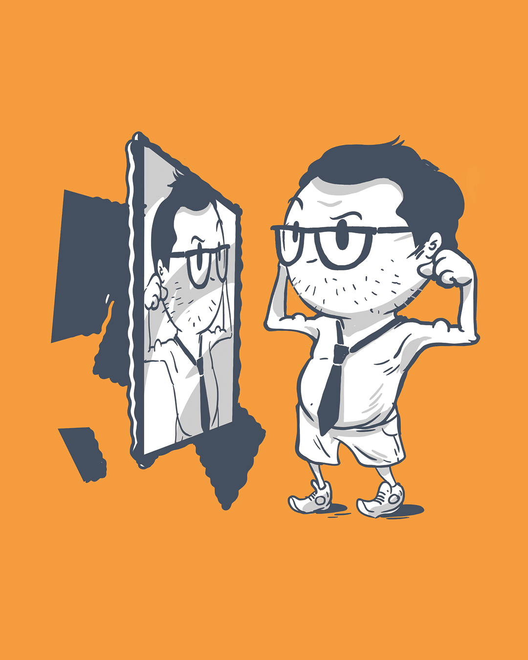 Illustration eines Mannes mit Brille und Krawatte, der in den Spiegel schaut und dabei seine Muskeln anspannt, auf einem orangefarbenen Hintergrund.