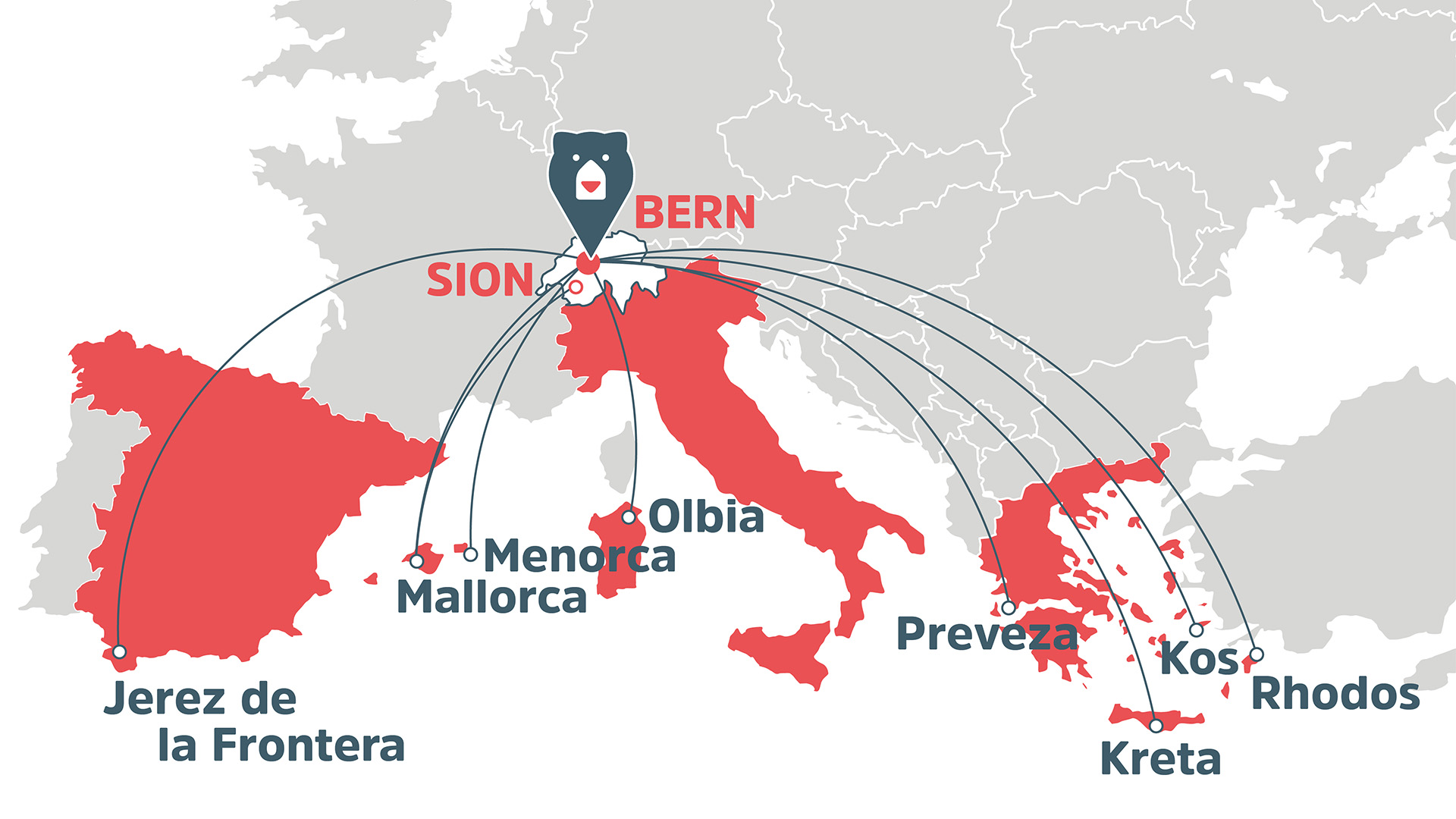 Das Streckennetz für die Flüge der Berner Airline flyBAIR von Bern zu verschiedenen Zielen in Europa.