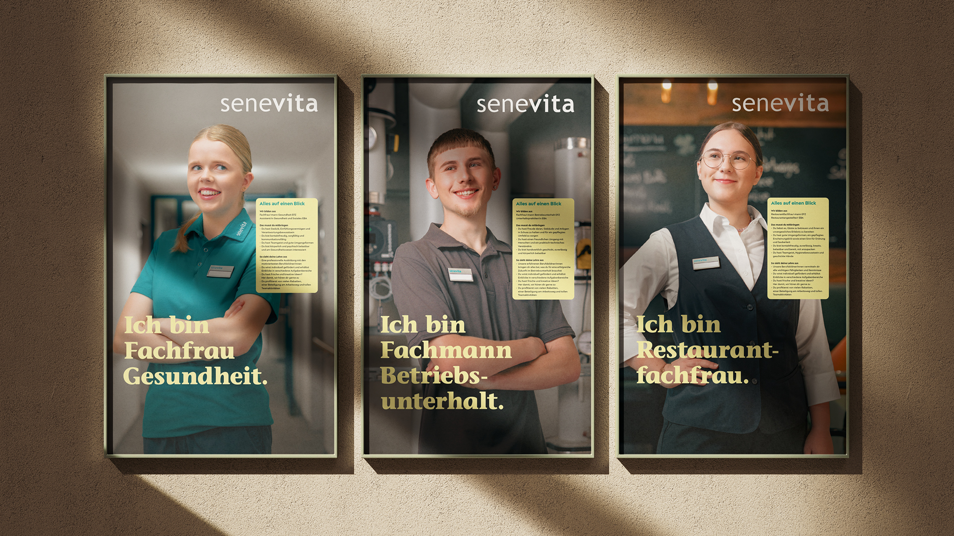 Drei Werbeplakate von Senevita mit den Berufen Fachfrau Gesundheit, Fachmann Betriebsunterhalt und Restaurantfachfrau.