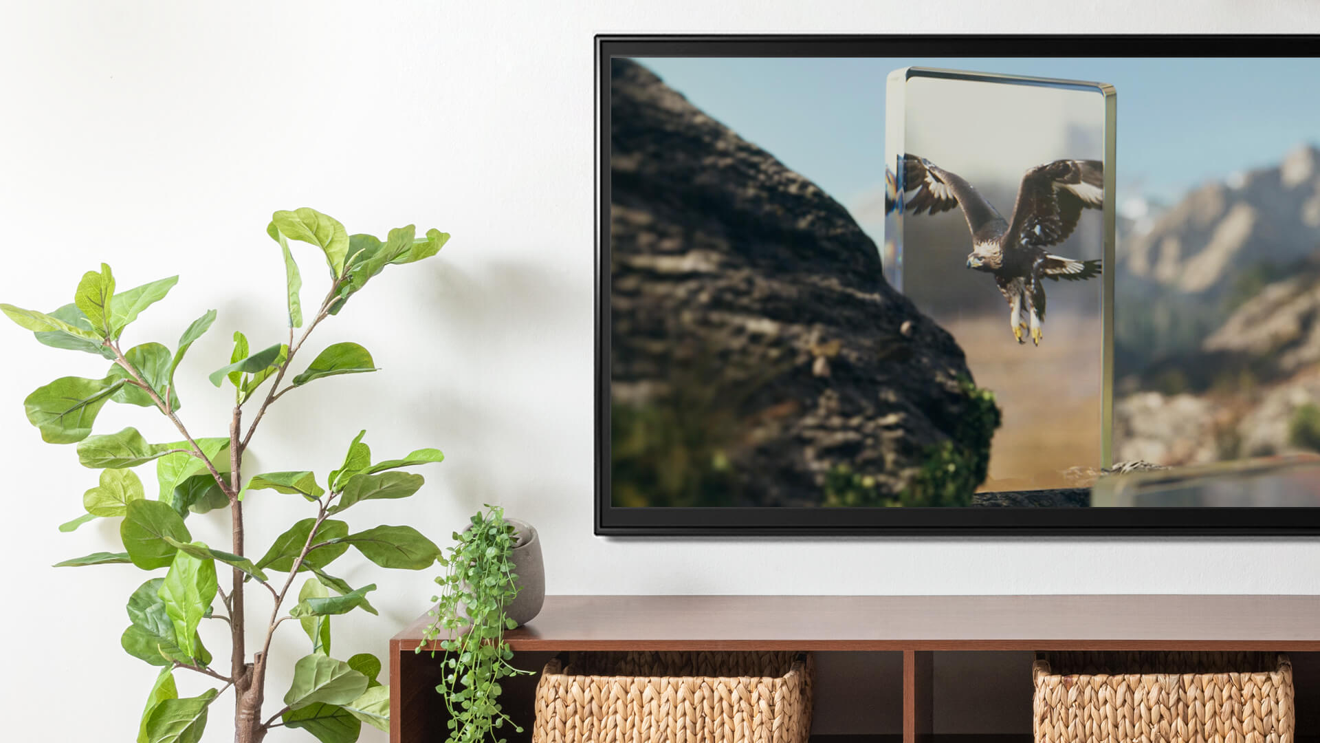 Ein Mock-up eines TV in einer Wohnung. Auf dem TV läuft der Biodiversitätsspot von pro natura.