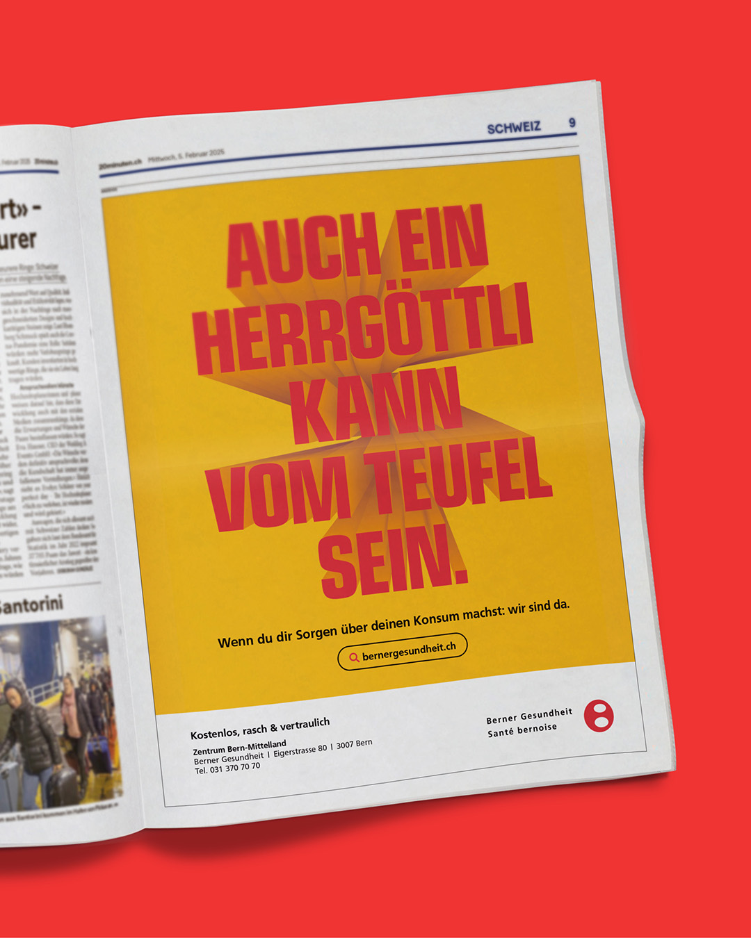 Zeitungsanzeige mit gelbem Hintergrund und rotem Text: „Auch ein Herrgöttli kann vom Teufel sein.“