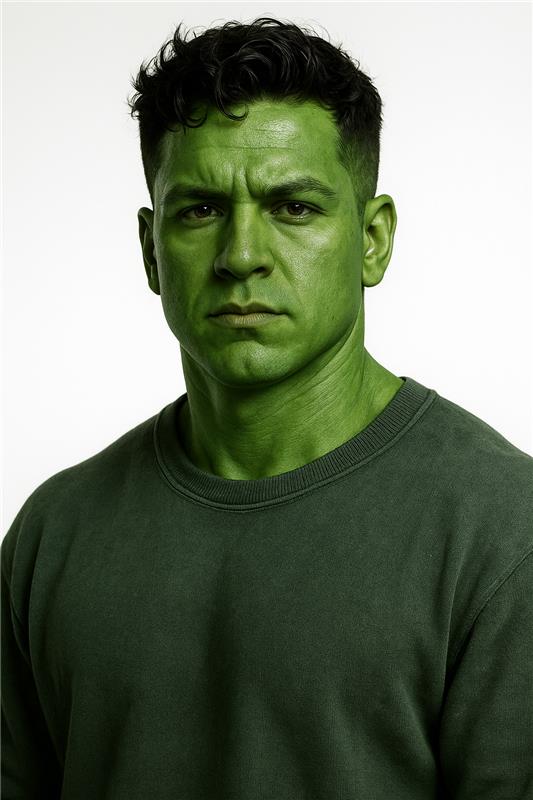 Mann mit grün gefärbter Haut und ernstem Gesichtsausdruck, trägt ein grünes Sweatshirt vor neutralem Hintergrund – erinnert an eine Hulk-ähnliche Erscheinung, vermutlich KI-generiert.
