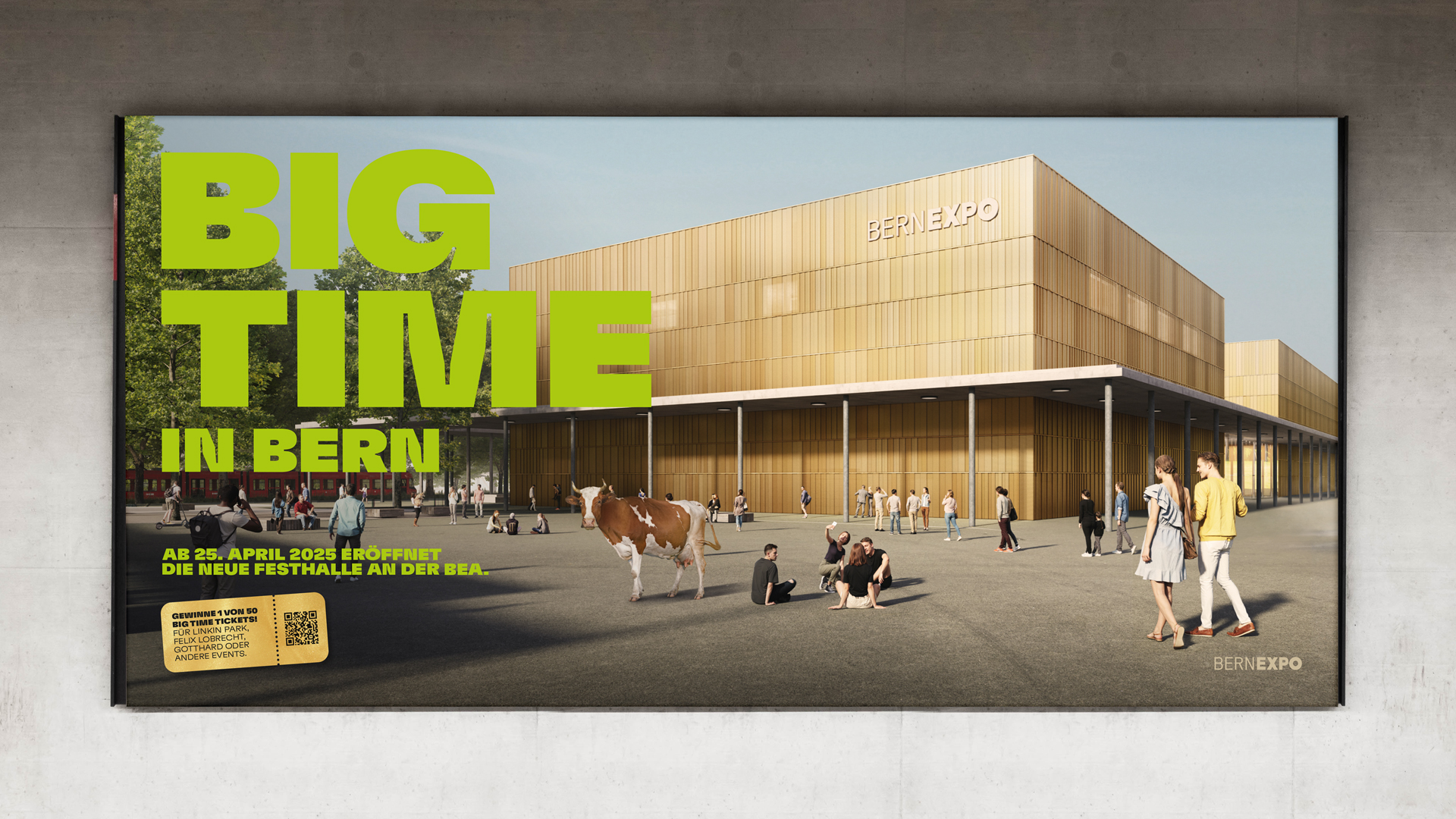Visualisierung der neuen Festhalle mit Menschen und Kühen auf dem Vorplatz. Im Vordergrund steht in grellgrüner Schrift ‚BIG TIME BERN‘.